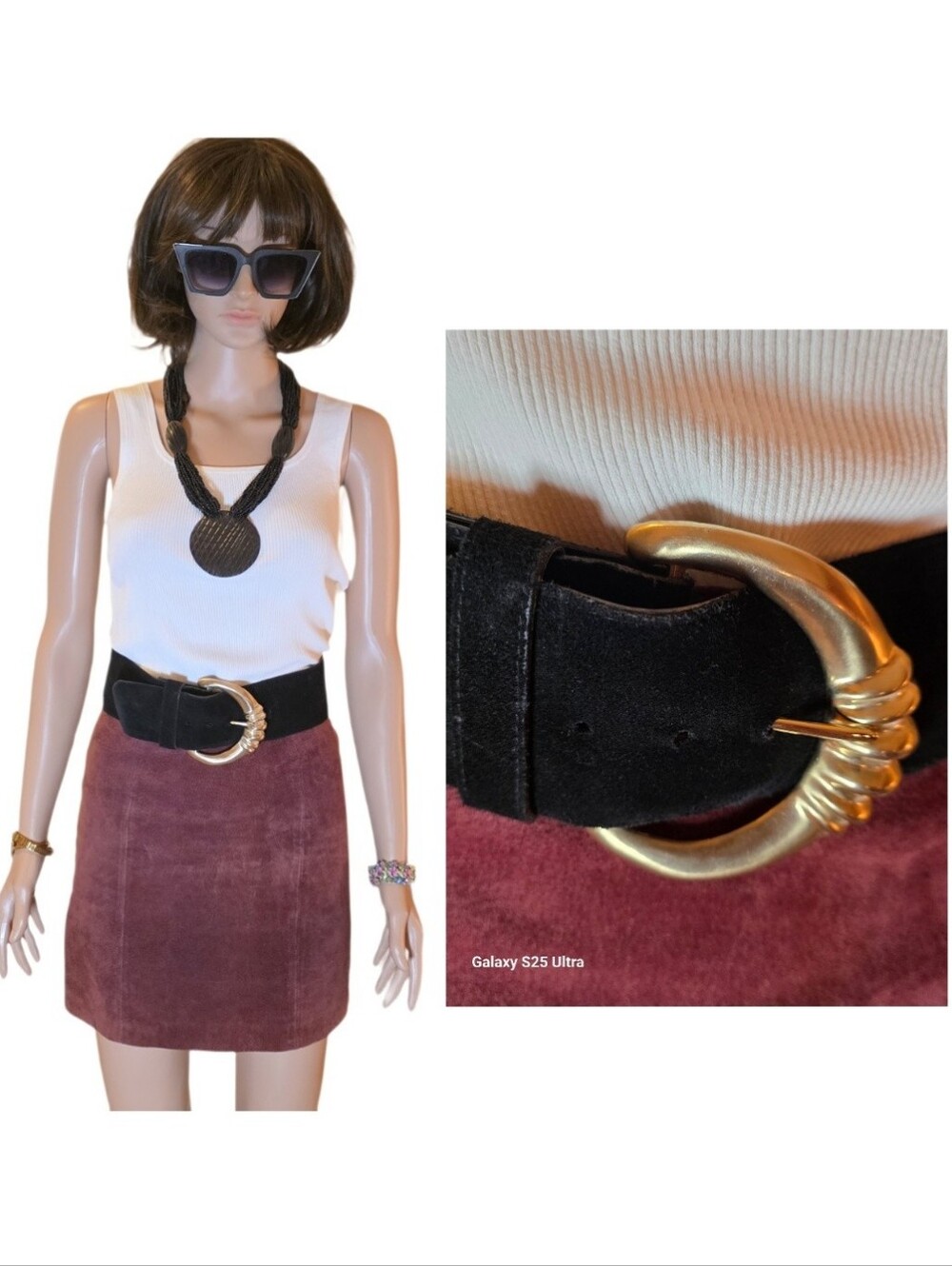 Vtg Kandell Marcus Black Suede Wide Waist Belt Gold Crescent Buckle 1980s USA
